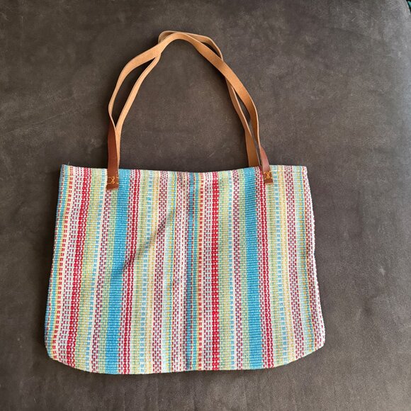 Colorful Striped Tote Bag With Faux Leather Straps & Yellow Lining - Picture 4 of 4